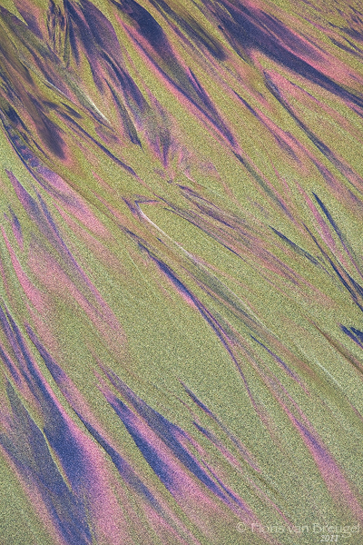 Naturally colored sand along the coast of Washington's Olympic National Park. The pinks and purples are powderized garnet, and...