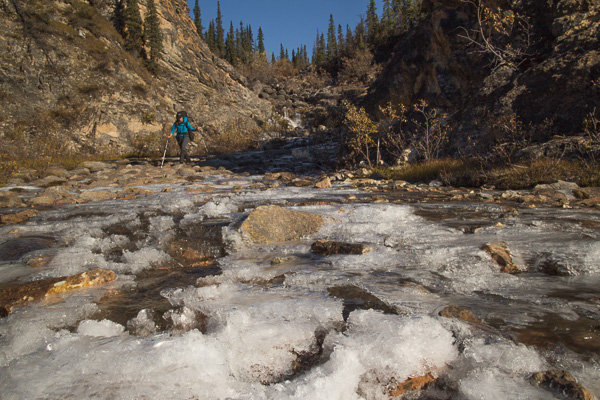Aubrey makes an icy creek crossing.