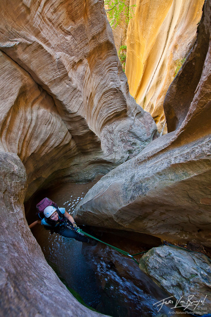 My girlfriend, Aubrey, rappels down one of the many technical sections of Boundary Canyon, in Zion National Park.