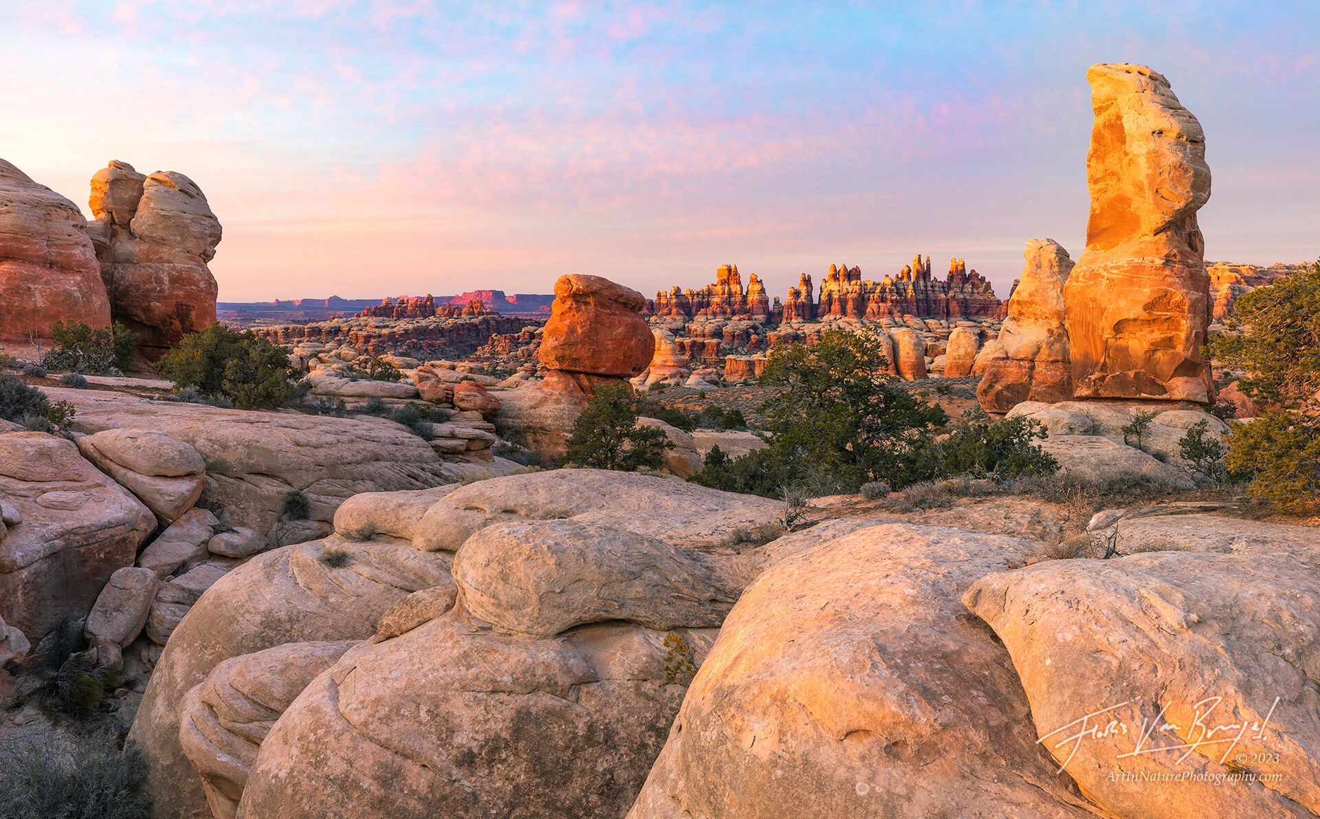 A delicate sunset over a spectacular view of the the Needles District in Utah's Canyonlands National Park. Although this view...